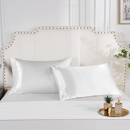 Guvar Satin Pillowcase for Hair and Skin Pillow Case 2 Pack Standard Size Super Soft Pillow Cases Set of 2 Slip Cooling Breathable Satin Pillow Cover（Ivory,20