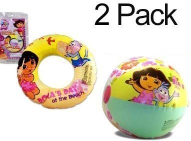 2-PACK Dora the Explorer Inflatable Swim Ring 20" (Dora's Day at the Beach) & 20" Beach Ball (Play Time Adventure) - Summer Toys