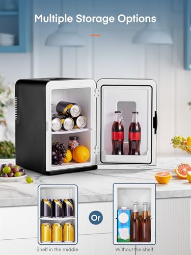 FOHERE 2-in-1 Mini Fridge, 15L Fridge for Room with Cooling and Heating Function, DC/AC for Cars, Offices and Dorm, Eco Low Noise Mode, for Cosmetics and Drinks, Black