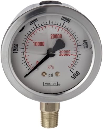 NOSHOK 900 Series Stainless Steel Liquid Filled Dual Scale Dial Indicating Pressure Gauge with Bottom Mount, 2-1/2" Dial, +/-1.5% Accuracy, 0-6000 psi Pressure Range