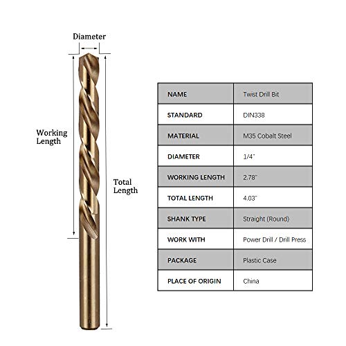 Hymnorq 1/4 Inch Fractional Size M35 Cobalt Steel Twist Drill Bit Set of 10pcs, Jobber Length and Straight Shank, Extremely Heat Resistant, Suitable for Drilling in Stainless Steel and Iron - Thumbnail 2