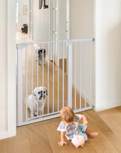 COMOMY Dog Gate, 91.5 cm Extra Tall, 75-110 cm Large Width Baby Safety Gate Automatic Closing, Durable Child Safety Barrier for Stairs, Pressure Mounted, White