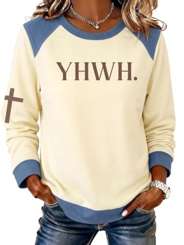 Women's YHWH Christian Sweatshirt Denim Color Block Crewneck Faith Shirts at Amazon