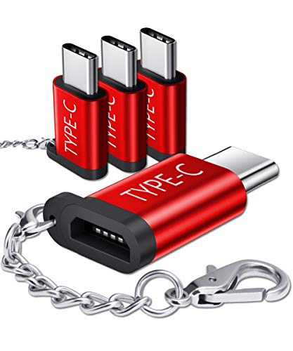 Micro USB(Female) to USB C Adapter 4-Pack, JSAUX Aluminum USB Type C Adapter with Keychain Fast Charging Compatible with Samsung Galaxy S10 S9 S8 Plus Note 9 8,LG V30 G5 G6, Moto Z Z2,and More(Red)