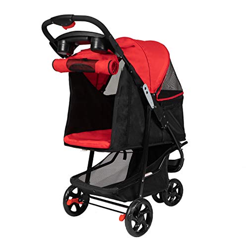 Peachtree Press Inc Foldable Pet Stroller Portable Travel Carrier for Dogs/Cats 3 Wheeler Pet Cart with Storage Basket Waterproof Cup Holders Red