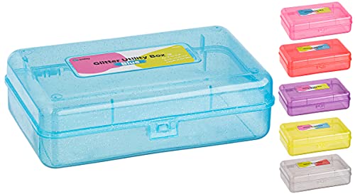 Enday Plastic Pencil Box with Snap Closure Lids Blue, Small Utility Storage Crayon School and Office Supplies Case Organizer, Also Available in Glitter Pink, Purple, Green, Red and Grey, 1 Pc