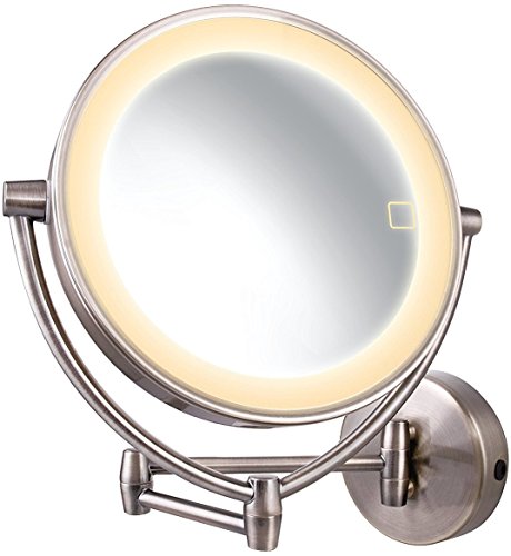 Ovente Wall Mount Mirror with 3 LED Lighting Tones (Daylight, Cool, Warm), 9.5 Inch, Battery or Cord Operated, 1x/10x Magnification, Nickel Brushed (MLW95BR1x10x)