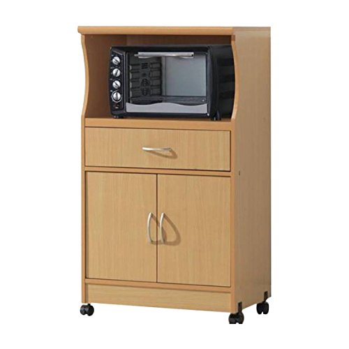 Microwave Cart with Storage Doors Drawer Kitchen Rolling Portable Cabinet Wood Unit (Beech) - Thumbnail 2