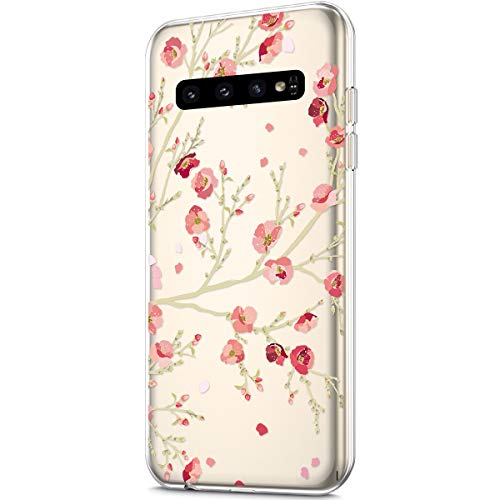 ikasus Case for Galaxy S10 Plus Cover,Crystal Clear Art Panited Pattern Design Soft & Flexible TPU Ultra-Thin Transparent Flexible Soft Rubber Gel TPU Protective Case Cover,Pink Plum blossom