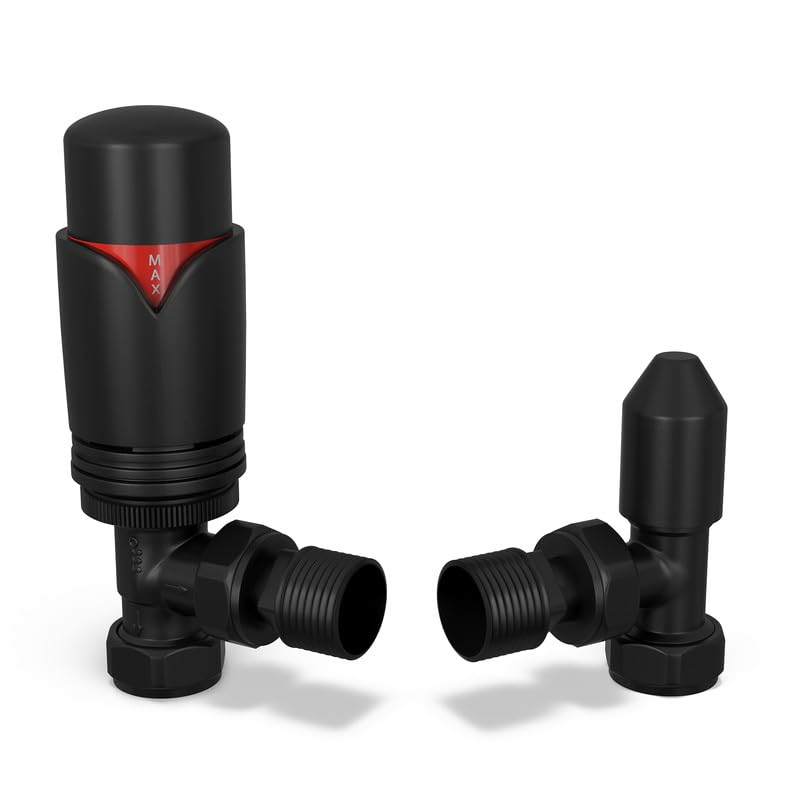 UK Radiators Black Thermostatic Radiator Valve and Angled Lockshield Valve - Matt Black Finish - Classy and Modern Design 1/2" x 15mm Angled Radiator Valve