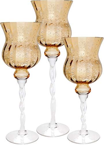 Palais Glassware Elegant Bougeoir Collection, Set of 3 Hurricane Candle Holders (Gold and Clear Tulip Twisted Stem)