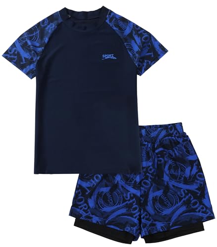 SEAUR Boys Two Piece Swimsuit Short Sleeve Swimming Costume with Swim Trunks Outfit Set Big Kids Swimwear Beach Surfing Bathing Suit 9-15 Years