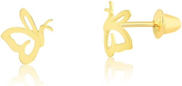 18k Hypoallergenic Yellow Gold Butterfly Push Backs Stud Earrings for Babies, Little Girls, Toddlers and Infants
