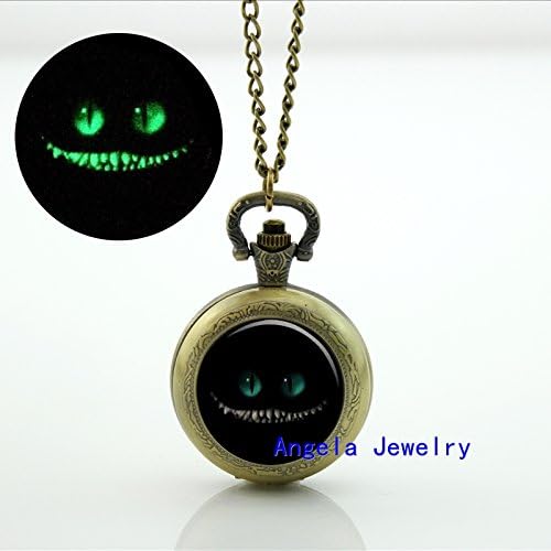 Pretty Lee Fashion Cat Cheshire Glowing Pocket Watch Necklace Alice in Wonderland Jewelry Glow in The Dark