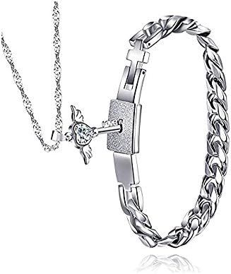 Meidiya Stainless Steel Matching Gifts For Couple Womens Angel's Heart Key Necklace And Mens Lock Bracelet Set