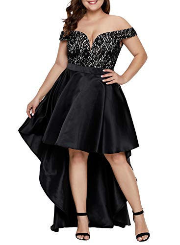 Elapsy Womens Sexy Elegant Lace Off Shoulder Formal High Low Deep V Neck Party Long Dress Wedding Gown Plus Size Black X-Large - Thumbnail 2