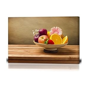 Canvas Wall Art - Vase with Fresh Fruits and Flowers on Wooden Table - Oil Painting Style Giclee Print Gallery Wrap Modern Home Art Ready to Hang - 12" x 18"