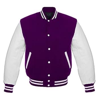 Genuine White Leather Sleeves Purple Wool Body Letterman Varsity Baseball Bomber Sportswear 