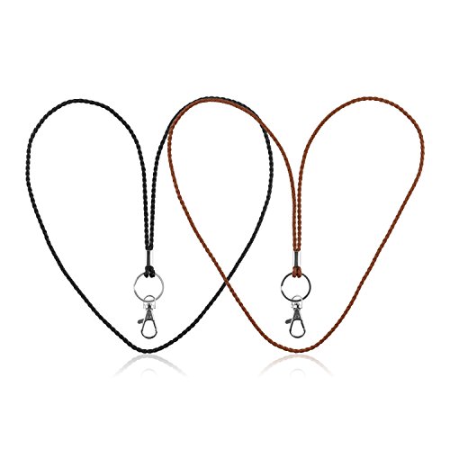 Office Lanyard, PLENTY 2PCS Handmade PU Leather Necklace Lanyard with Strong Clip and Keychain for Keys, ID Badge Holder, Camera, Cell Phone, iPod MP3 MP4, USB Flash Drive (Black+Brown)
