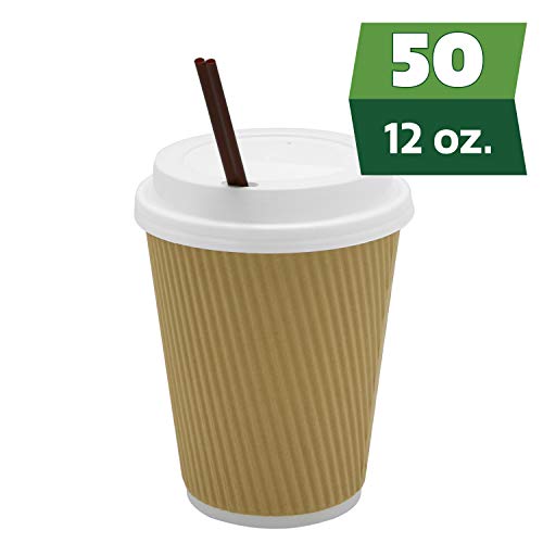 [50 Sets] 12 oz Insulated Ripple Paper Hot Coffee Cups With Lids & Stirrers - Disposable To Go Cups