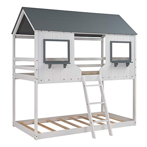 Merax House Shaped Solid Wood Bunk Bed with Roof, Window, Guardrail and