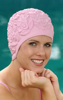 Retro Bathing Caps for Women: Floral Molded Swim Cap Mauve - Thumbnail 3