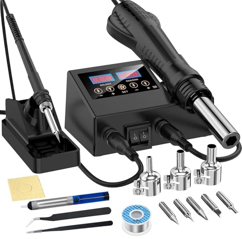 Solda, Ferro de Solda Termostática Inteligente, 110V Estação de Retrabalho, Estação de Solda, Kit de Estação de Retrabalho de Ar Quente 2 em 1, Função de Ar Quente, Equipado com 3 Bicos de Ar Quente