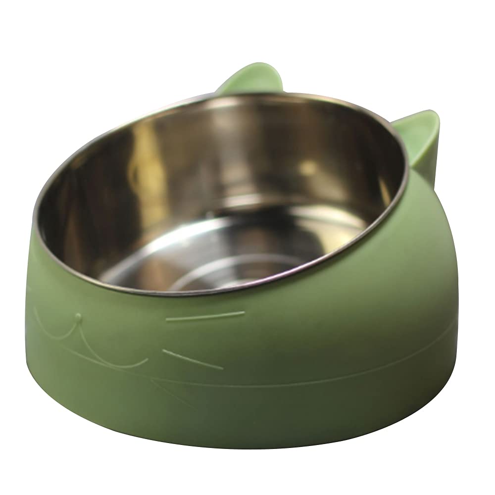 Pumpumly Tilted Cat Bowl,Raised Cat Bowl with Stand 15° Tilted Pet Bowl,Stainless Steel Anti Vomiting Cat Bowl,Cat Dog Feeding Bowl Protect The Spine for Pet 400ml Green