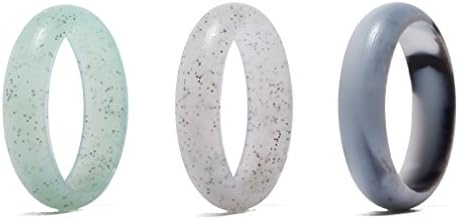 Camknn Women’s Silicone Wedding Ring Bands –5mm Wide(2mm Thick)- 3 Pack for Women Glitter Flexible Comfort Sport Safety Ring (LightCyan LightGray White Marble, 8)