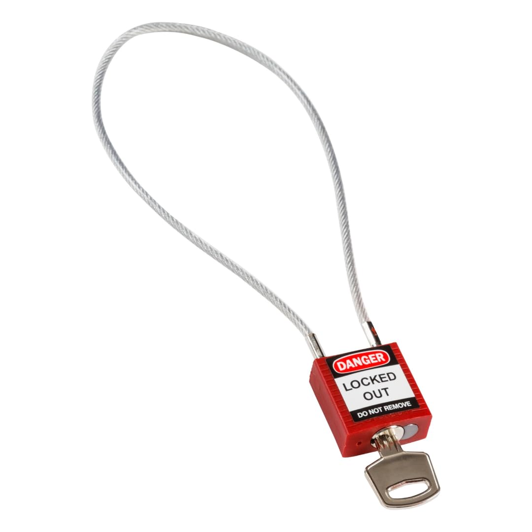 Brady Compact Cable Padlock - Lockout Tagout Security Lock - Safety Padlock with Nylon Body and Sheathed Steel Cable - Keyed Differently - 32mm x 35mm x 16mm - Cable Length 400mm, Red — image 1