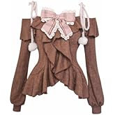 Xojbzoo Women's Y2K Kawaii 2-Piece Set - Long Sleeve Bow Top & Mini Skirt Retro Emo Aesthetic Separable Outfit
