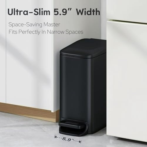 TIPGO Slim Bathroom Trash Can with Lid Soft Close, Step Pedal, 6 Liter / 1.6 Gallon Stainless Steel Garbage Can with Removable Inner Bucket, Anti-Fingerprint Finish (Matte Black)