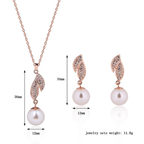 KAVANI Women's Rose Gold Silver Plated Heart-Shaped Leaf Pearl Zircon Jewelry Set Pendant Necklace Earring Set