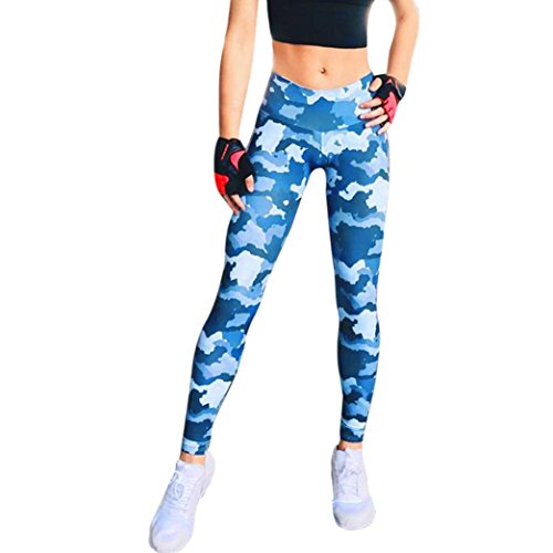 Snowfoller Women High Waist Tummy Control Yoga Pants Camouflage Printed Workout Leggings For Fitness Riding Running (S, Blue)