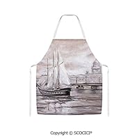 SCOCICI Unisex Kitchen Bib Apron Retro Vintage Style Painting of a Sailing Boat Ship Moving by The Sea Near City Town Art Women Men Chef Cooking Baking Gardening(W27.6 x H 31.5 inch/70 x 80 cm)