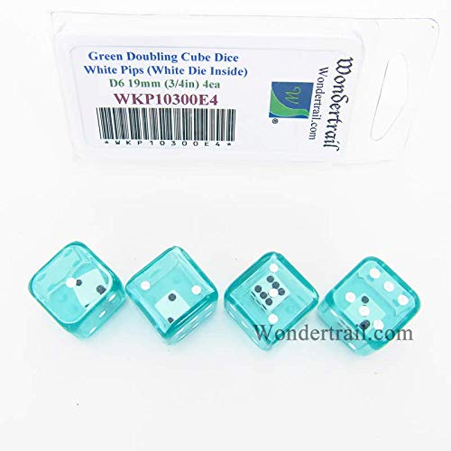 Green Doubling Cube Dice with White Pips D8 19mm (3/4in) (White Die Inside) Pack of 4 Wondertrail