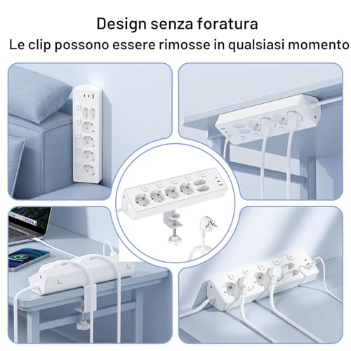 Power Strip with USB, 6 Sockets and 3 USB, PD 30 W Power Strip with Surge Protection, 2 m Electric Power Strip with Switch for Desk, Office, Home