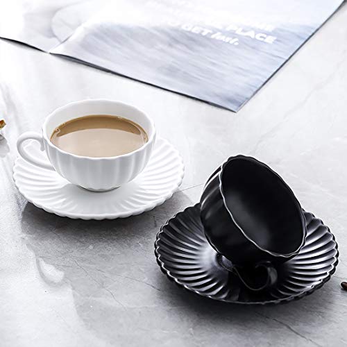 BonNoces Porcelain Tea Cup and Saucers Set, 6 Oz Elegant Matte Petal Shaped Tea Coffee Cup Set, with Flower Spoons and Metal Display Stand, Set of 6 (Black)