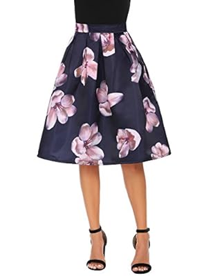 Shine Women's Floral Printed Peach Blossom A-line Prom Midi Pleated Skirt