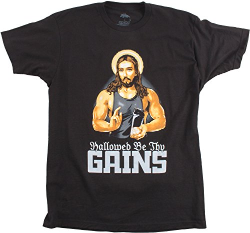 Hallowed Be Thy Gains | Funny Muscle Jesus Weight Lifting Work Out Humor T-shirt-(Adult,XL)
