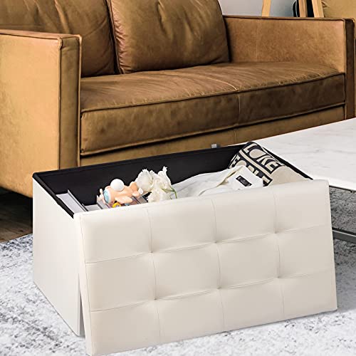 Camabel Pouf Contenitore Ottomane Puff Poggiapiedi Sgabello Pieghevole Portata Cassapanca Contenitore Carico Fino a 150 kg Beige110L in Ecopelle