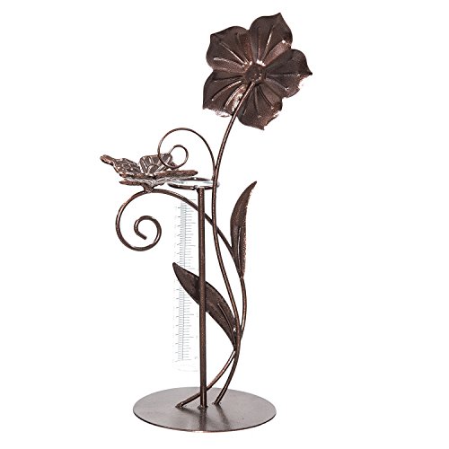 CEDAR HOME Rain Gauge Outdoor Garden Wireless Glass Brass Metal Tabletop Cute Professional Raingauge for Lawn Yard Patio Decor 8oz. by, 10.5" W x 6" D x 16" H, Butterfly and Flower