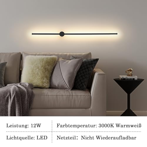ZMH Indoor LED Wall Light 100cm Long Black Hallway Modern Design for Living Room Warm White 3000K Indirect Lighting for Kitchen, Hallway and Bed