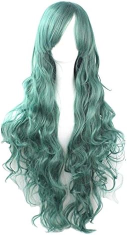 Girls Colorful Anime Cosplay Wig Women Fashion Loose Wave Long Curly Hair 80cm Harajuku Hair (Black Green)