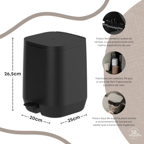 Ou Lixeira com Pedal 6L Preto Linha Aura
