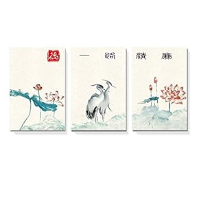 3 Panel Canvas Wall Art - Chinese Ink Painting Herons and Lotus Flowers - Giclee Print Gallery Wrap Modern Home Art Ready to Hang - 16"x24" x 3 Panels