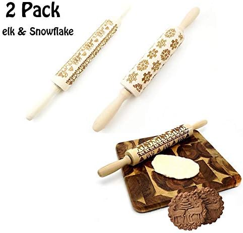 2 Pack Christmas Non-Stick Wooden Rolling Pins Engraved Carved Handle Embossed Kitchen Tools elk Christmas Snowflake Pattern for Fondant Cake Dough Biscuit - 35CM