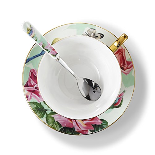 Panbado 3 Piece Bone China Tea Cup Saucer Set With Spoon, Porcelain Gold Rimmed Teacup Coffee, Flower And Birds, 200 mL/6.8 oz., Green - Thumbnail 2