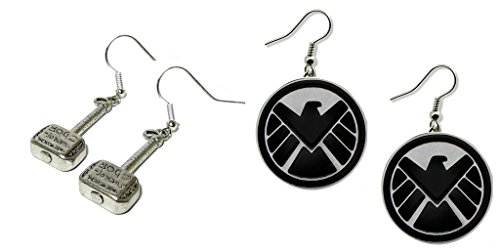 Thor Hammer With Writing and Agents of Shield Logo Dangle Earrings w/Gift Box