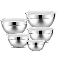 Stainless Steel Mixing Bowls with Lids by SONGNO (Set of 5) Nesting Storage Bowls Polished Mirror Finish for Healthy Meal Mixing Cooking Supplies 1.5-2.6-3.4-4.2-7.1QT